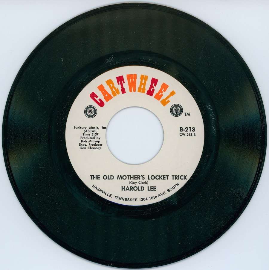 Harold Lee's 45 single on "The Old Mother's Locket Trick," Guy Clark's first song to be recorded by another artist.