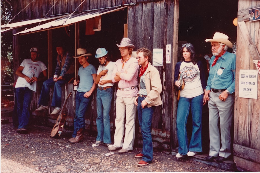 Jerry Jeff Walker records Viva Terlingua at Luckenbach in August 1973 and the Clarks are there for the festivities. Left to right: "Slappy" David Gilstrap, Jerry Jeff Walker, Steve Keith, Donnie Dolan, Bob Livingston, Gary P. Nunn, Susanna Clark, Hondo Crouch