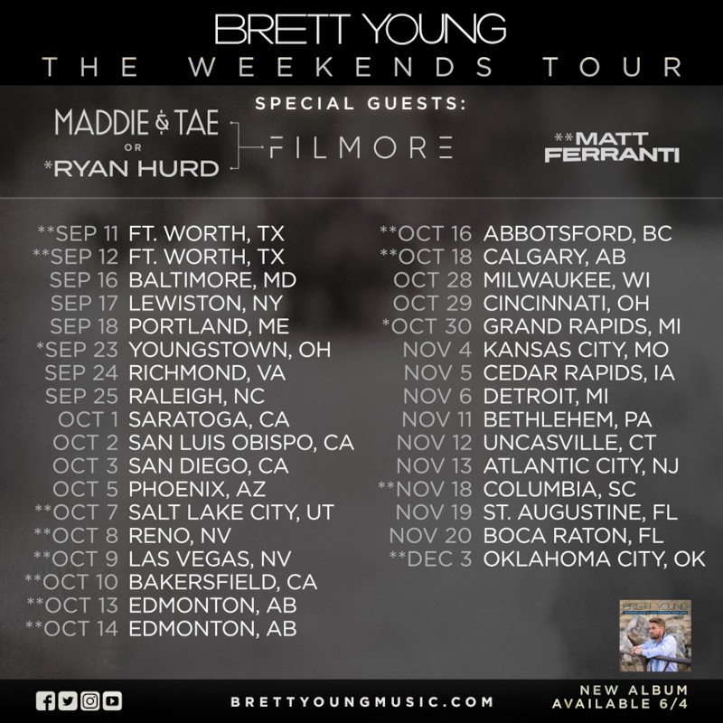 Brett Young Tour Setlist 2024 Faythe Cosette