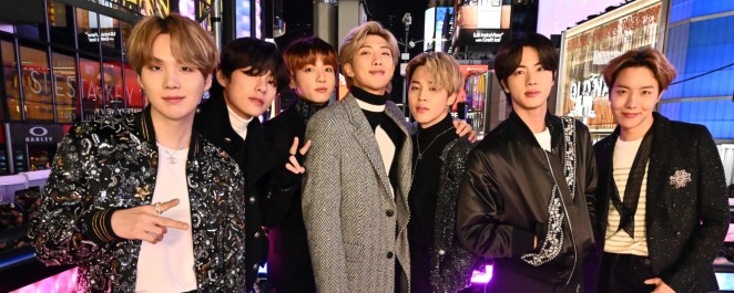 K-Pop boy band BTS poses all together at Dick Clark's New Year's Eve Party.