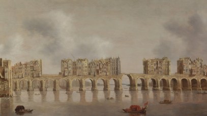 Historical photo of the London Bridge that inspired the nursery rhyme.