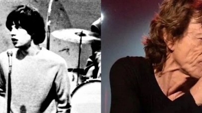 A photo of Mick Jagger as a young singer in 1964 is compared to a photo of an older Mick Jagger still performing today.