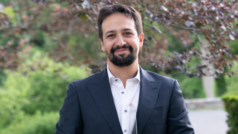 Lin-Manuel Miranda, composer of viral song "We Don't Talk About Bruno," is pictured looking directly at the camera.