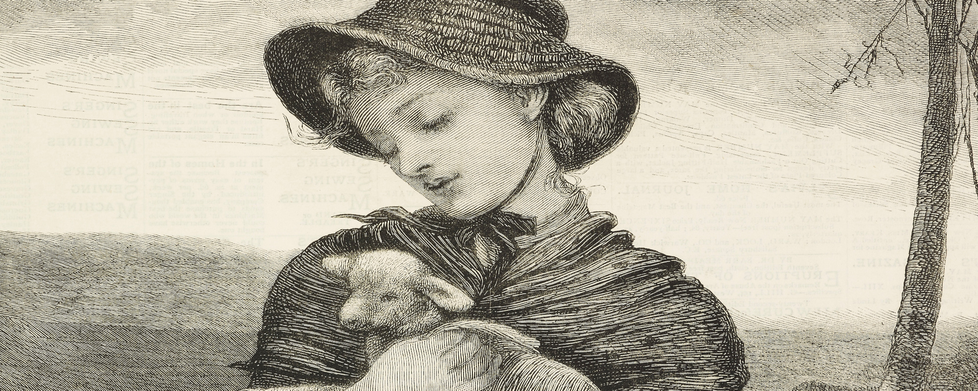 A drawing of girl holding a lamb represents the nursery rhyme "Mary Had A Little Lamb."