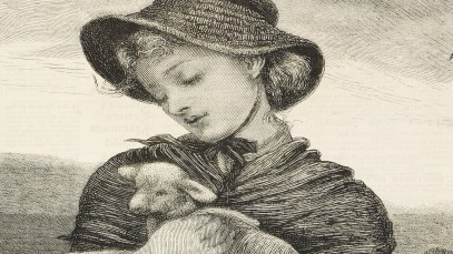 A drawing of girl holding a lamb represents the nursery rhyme "Mary Had A Little Lamb."