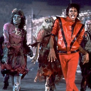 Michael Jackson performs "Thriller" for the song's music video.
