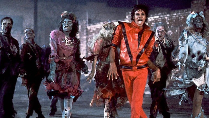 Michael Jackson performs "Thriller" for the song's music video.