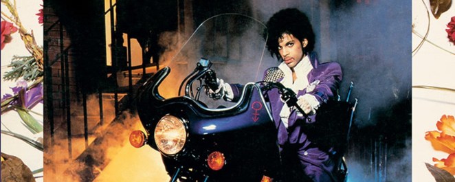 Singer Prince astride a motorcycle for his 'Purple Rain' album cover.