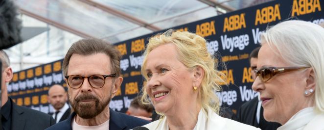 Björn Ulvaeus, Agnetha Fältskog, and Anni-Frid Lyngstad attend the first performance of ABBA's "Voyage" at ABBA Arena on May 26, 2022 in London, England.