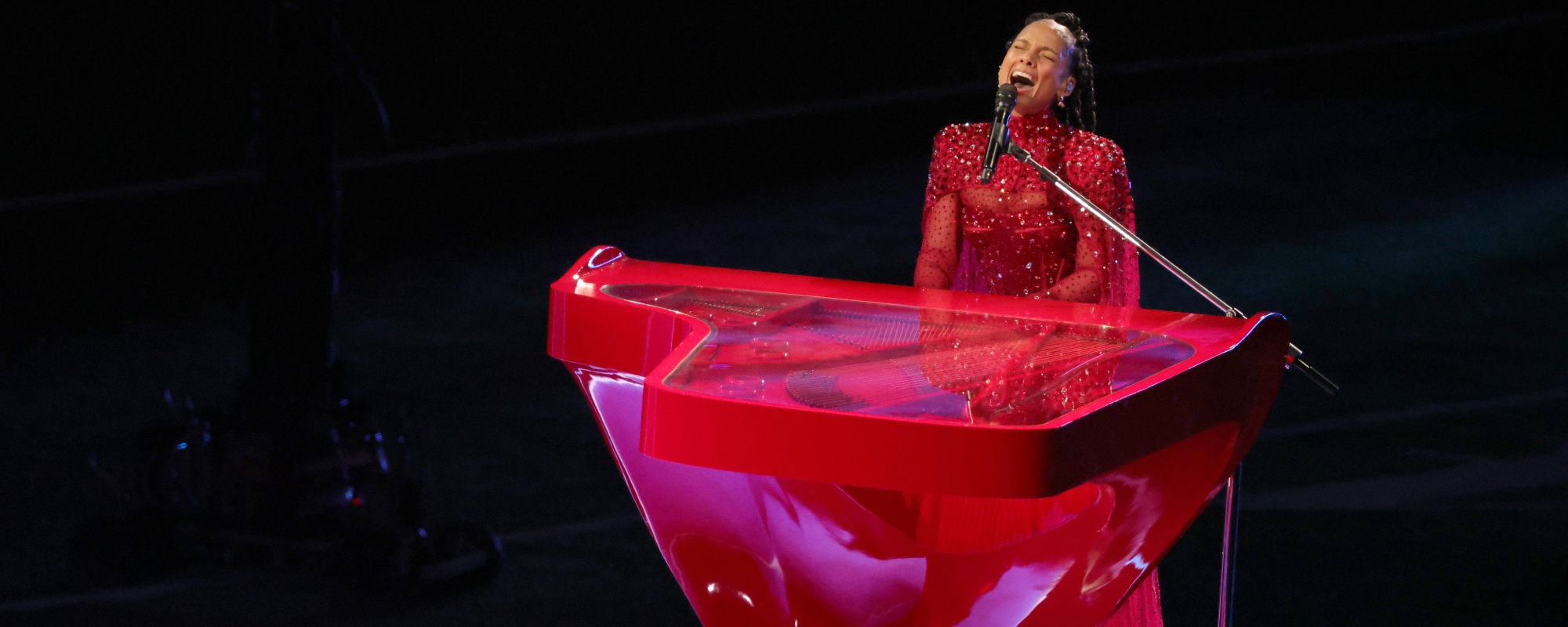 Alicia Keys performing at the Super Bowl Halftime Show