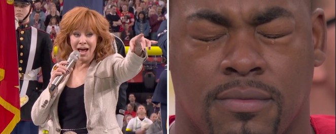 Reba McEntire's National Anthem performance leaves Chiefs star in tears.