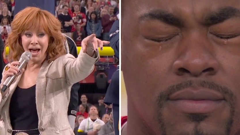 Reba McEntire's National Anthem performance leaves Chiefs star in tears.