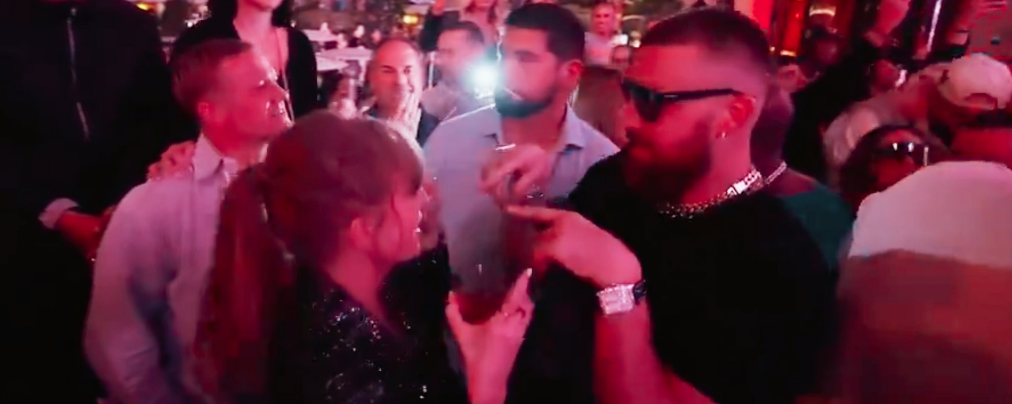 Travis Kelce Belts Taylor Swift’s “You Belong With Me” to Packed Out Crowd at Super Bowl After-Party