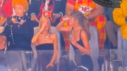 Taylor Swift chugs beer in iconic Super Bowl moment.
