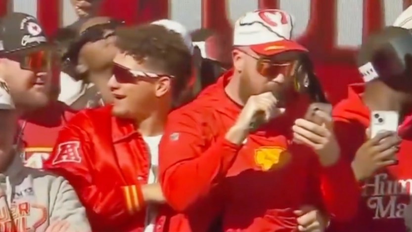Patrick Mahomes Has to Rescue Travis Kelce from Drunken Garth Brooks Rendition at Super Bowl Parade