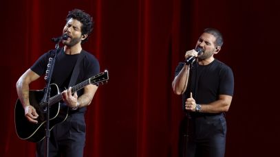 Dan Smyers, left, and Shay Mooney of Dan + Shay perform in Nashville in November 2023.