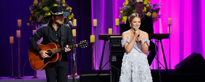 Lukas Nelson and Emmy Russell perform at Loretta Lynn's Nashville celebration of life in October 2022.