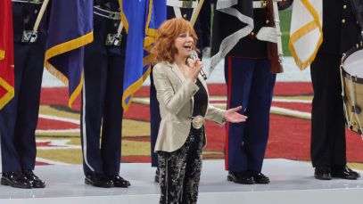 Reba McEntire performs the national anthem at Super Bowl LVIII.