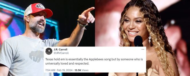 Composite image of Walker Hayes and Beyonce with a tweet by J.R. Carroll