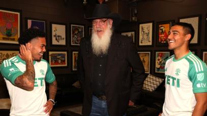 Dani Pereira, Ray Benson, and Owen Wolff celebrate the re-launch of Armadillo World at the Austin FC jersey launch party at ACL Live on February 15, 2024 in Austin, Texas.