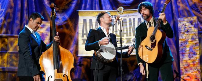 Bob Crawford, Scott Avett and Seth Avett of The Avett Brothers performs onstage for the 22nd Annual Americana Honors & Awards at Ryman Auditorium on September 20, 2023 in Nashville, Tennessee.