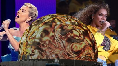 Composite image of Lady Gaga, Beyonce, and The Sphere
