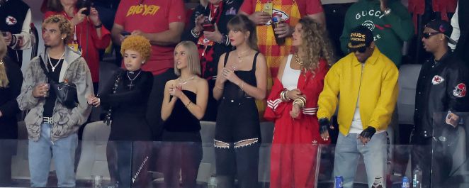 Taylor Swift with friends in the stands at the Super Bowl.