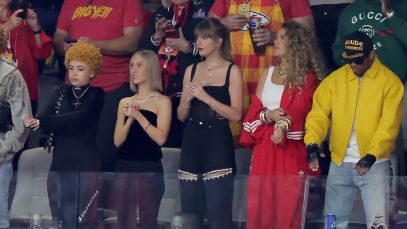 Taylor Swift with friends in the stands at the Super Bowl.