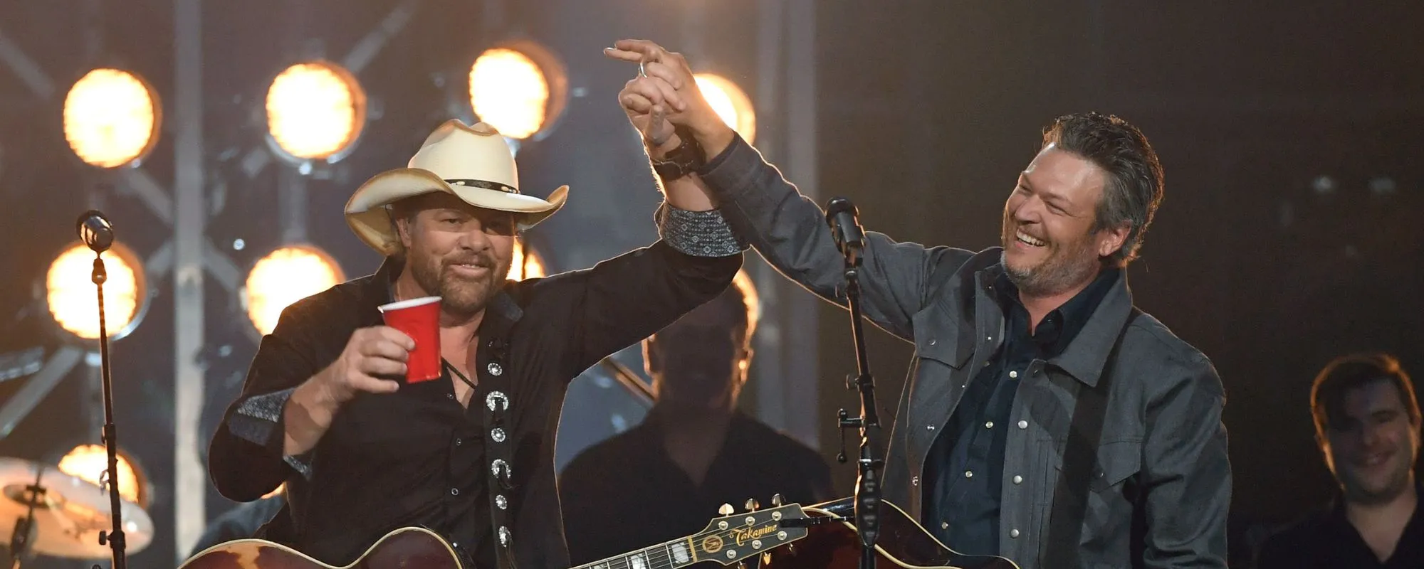 Toby Keith and Blake Shelton onstage together in April 2018.