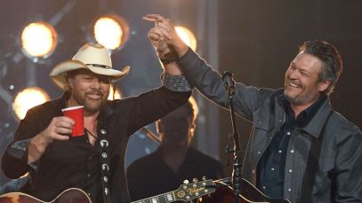 Toby Keith and Blake Shelton onstage together in April 2018.