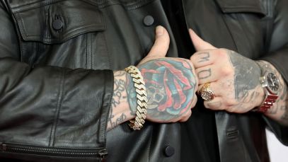 A close-up of Jelly Roll's hand tattoos.