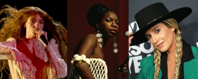 Composite image of Florence Welch, Nina Simone, and Lainey Wilson