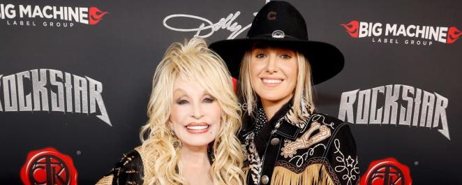 Dolly Parton and Lainey Wilson attend Dolly Parton's Rockstar VIP Album Release Party with American Greetings on November 16, 2023 in Nashville, Tennessee.