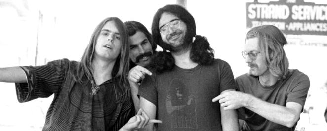 Bob Weir, Bill Kreutzmann, Jerry Garcia, Phil Lesh of the rock and roll group "The Grateful Dead" pose for a portrait session on Portrero Hill in circa 1968 in San Francisco, California.