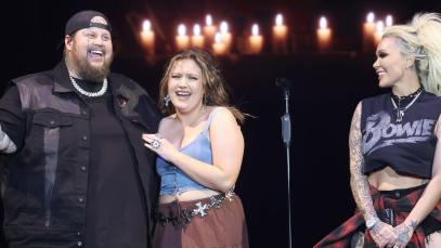 Jelly Roll, Bailee Ann and Bunnie Xo are seen at the T-Mobile Mane Stage during the 2024 Stagecoach Festival at Empire Polo Club on April 26, 2024 in Indio, California.