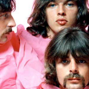 Pink Floyd poses together under pink sheet
