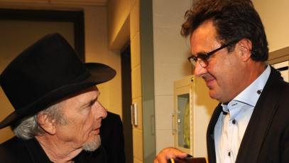 Merle Haggard, recipient of the Poet's Award, and Vince Gill backstage during the second annual ACM Honors at Schermerhorn Symphony Center on September 22, 2009 in Nashville, Tennessee.