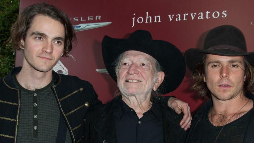 Musician Micah Nelson, musician Willie Nelson, and musician Lukas Nelson arrive at the 11th Annual John Varvatos Stuart House Benefit at John Varvatos on April 13, 2014 in Los Angeles, California. (