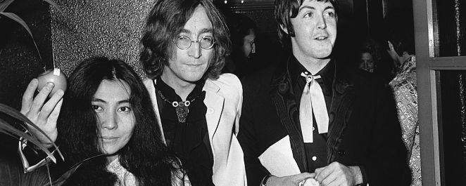 Yoko Ono, John Lennon, and Paul McCartney pose together