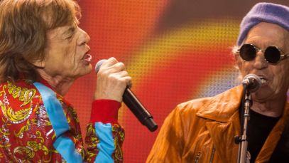 Mick Jagger and Keith Richards performing