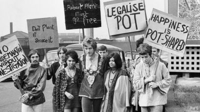 Robert Plant walking with protestors in 1967