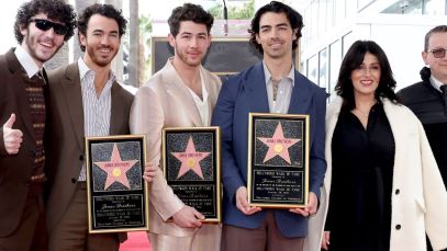 HOLLYWOOD, CALIFORNIA - JANUARY 30: (Second from L-R) Kevin Jonas, Nick Jonas, and Joe Jonas of The Jonas Brothers, and (L-R) Frankie Jonas, Denise Miller-Jonas, and Paul Kevin Jonas Sr. attend The Hollywood Walk of Fame star ceremony honoring The Jonas Brothers on January 30, 2023 in Hollywood, California. (Photo by Amy Sussman/Getty Images)