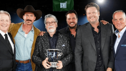 Photo L-R: BMI Vice President, Creative, Nashville, Clay Bradley, Tribute Performer Riley Green, BMI Icon Randy Owen, Tribute Performer Luke Bryan, Performer Blake Shelton, BMI President & CEO Mike O’Neill; Photo by Erika Goldring/Getty Images for BMI