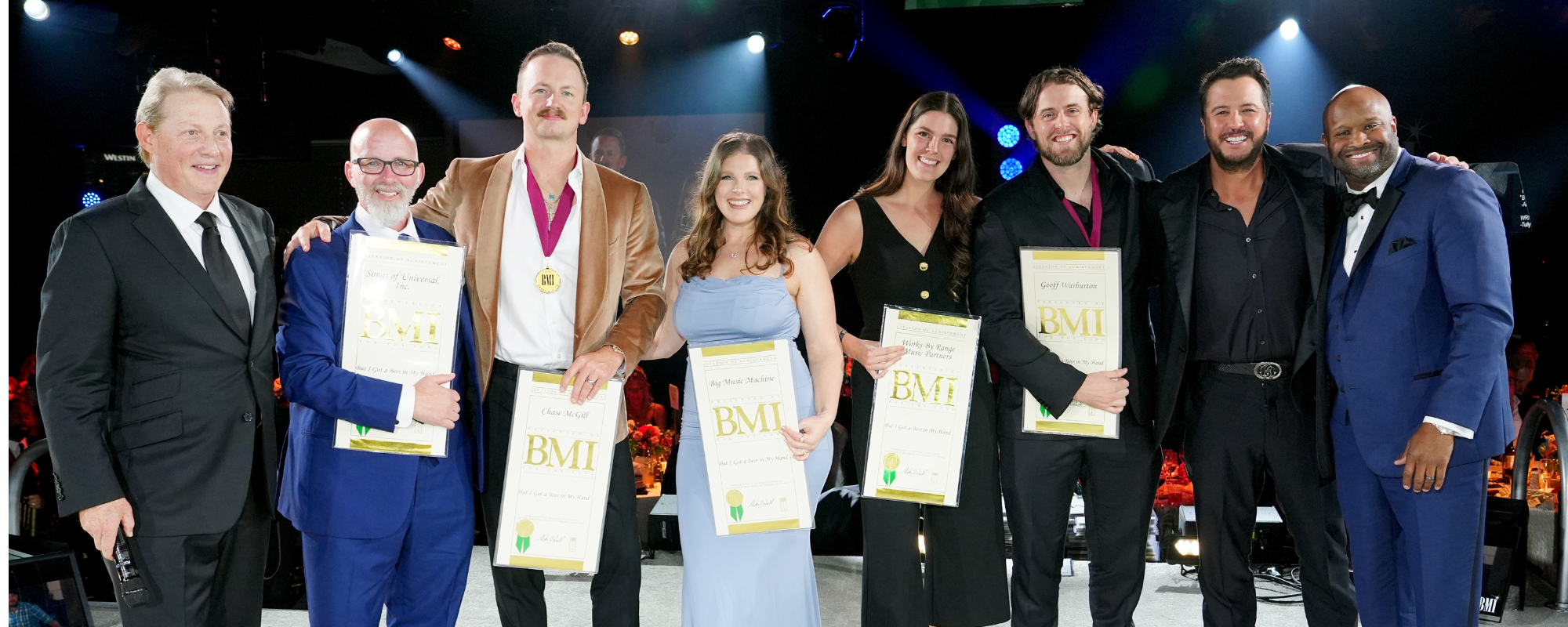L-R) BMI Vice President, Creative, Nashville, Clay Bradley, Terry Wakefield, Chase McGill, Michelle Attardi, Casey Robison, Geoff Warburton, Luke Bryan and Shannon Sanders onstage at the 2024 BMI Country Awards at BMI on November 19, 2024 in Nashville, Tennessee. (Photo by Erika Goldring/Getty Images for BMI)