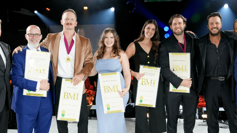 L-R) BMI Vice President, Creative, Nashville, Clay Bradley, Terry Wakefield, Chase McGill, Michelle Attardi, Casey Robison, Geoff Warburton, Luke Bryan and Shannon Sanders onstage at the 2024 BMI Country Awards at BMI on November 19, 2024 in Nashville, Tennessee. (Photo by Erika Goldring/Getty Images for BMI)