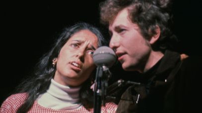Joan Baez, folk superstar, performing with Bob Dylan, whose careers she helped launch