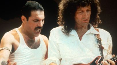 Freddie Mercury and Brian May of Queen performing