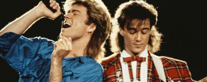 George Michael and Andrew Ridgeley of Wham! performing
