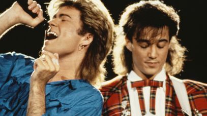 George Michael and Andrew Ridgeley of Wham! performing