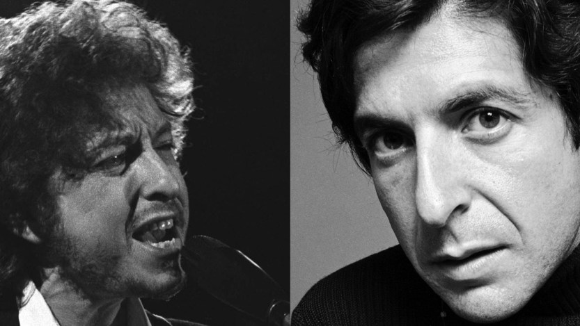 Photos of Leonard Cohen and Bob Dylan by Jack Robinson/Getty Images and Brad Elterman/FilmMagic, respectively.